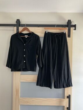 Petite Plume Pima Cotton Pajama Set XS Black Wide Leg Cropped Lounge